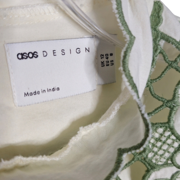 ASOS Cream Cotton Scalloped Collar Blouse Green Lattice Floral Embroidery size 8 - Picture 8 of 10